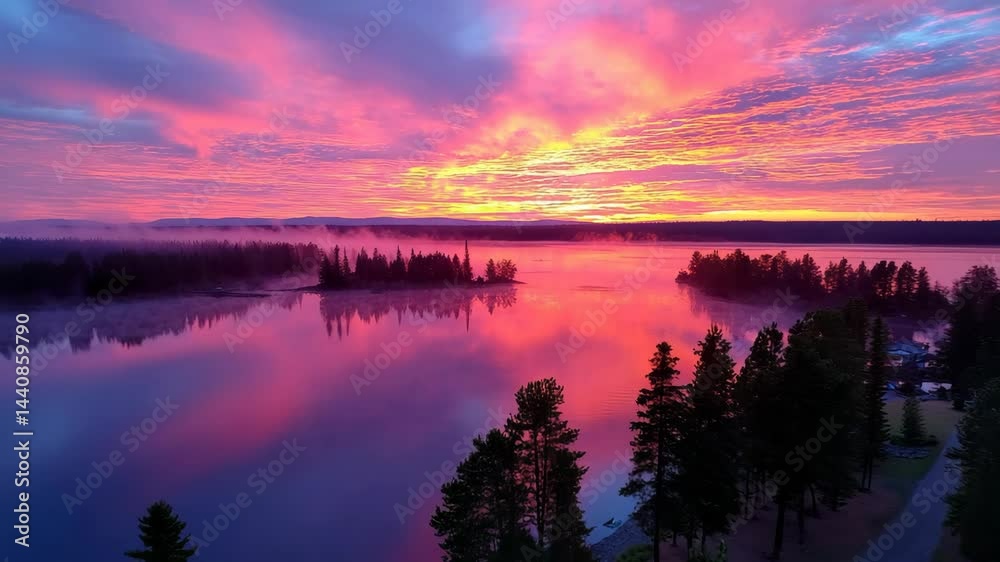 Beautiful sunrise over a serene lake with vibrant pink and purple hues reflecting on the water in a remote forest location Beautiful sunrise over a serene lake with vibrant pink and purple hues reflecting on the water in a remote forest location
