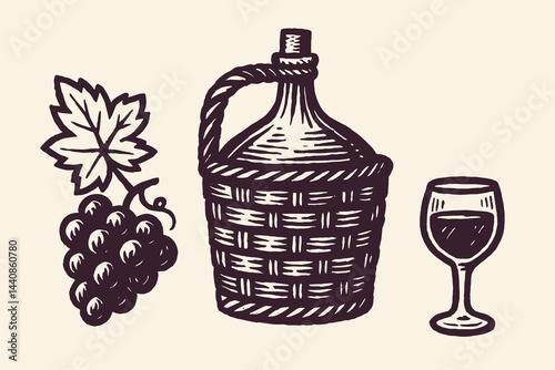 Grapes wine jug and glass hand drawn rustic ink sketch style