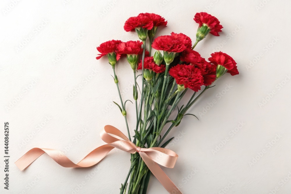 Fototapeta premium Bright Red Carnations Beautifully Arranged With a Ribbon Generative AI