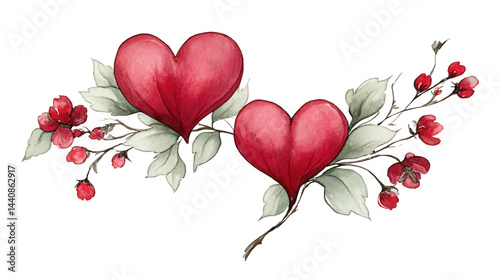 Two watercolor red hearts with floral elements design from rebg 951.