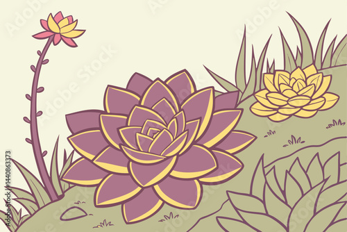 71 Macro photography, vibrant succulent plants, colorful echeveria, close-up nature, botanical garden, diverse textures, purple and yellow hues, soft focus background, intricate leaf patterns, geometr