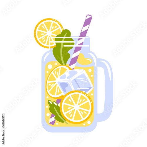 A refreshing lemonade in a clear glass mug, adorned with slices of lemon and mint leaves, complemented by ice cubes, served with a colorful straw. Perfect for a hot summer day