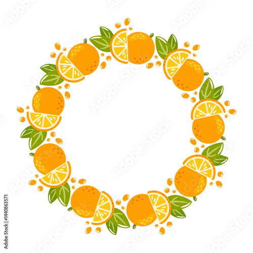 Hello Summer Vector illustration, round frame showing juicy orange fruits and green leaves, splashes of juice. Perfect for any occasion, embodies the essence of summer and delicious taste.