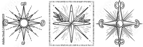 The compass rose, adorned with a fleur de lis symbol, points towards the north, serving as an indicator of direction and navigation, and boasts a detailed design along with cardinal points