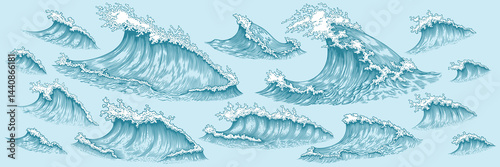 Sea waves. Design set. Editable hand drawn illustration. Vector vintage engraving. Isolated on light background. 8 EPS