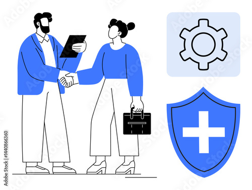 Two professionals shaking hands, holding documents and briefcase, with medical shield and gear icon. Ideal for partnership, teamwork, healthcare, collaboration, security, insurance simple landing