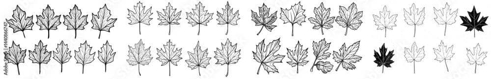 Fototapeta premium A grid arrangement of black silhouette maple leaves, perfect for incorporating into nature-inspired designs and visual elements