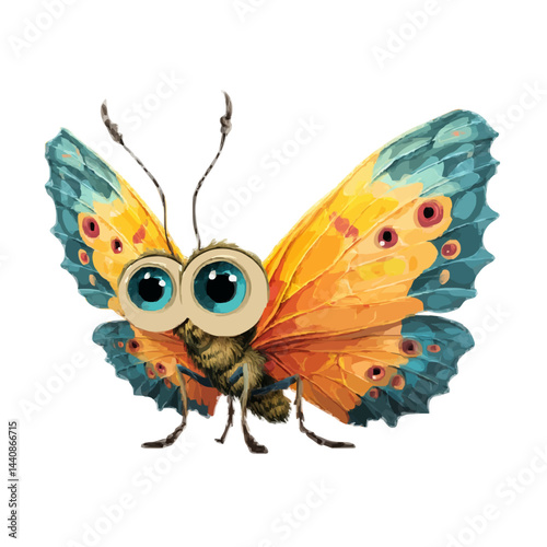 A charming cartoon butterfly with large, expressive eyes 