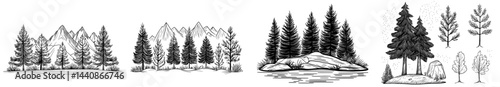 A compilation of silhouettes featuring mountains and trees, ideal for designs with a nature theme, adventures in the outdoors, and illustrations of landscapes