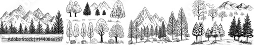 A compilation of dark outline drawings showcasing mountains and diverse tree species, ideal for designs centered around nature