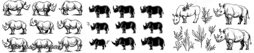 Stylized black silhouettes of rhinoceroses in a range of poses and angles are ideal for incorporating into wildlife design themes