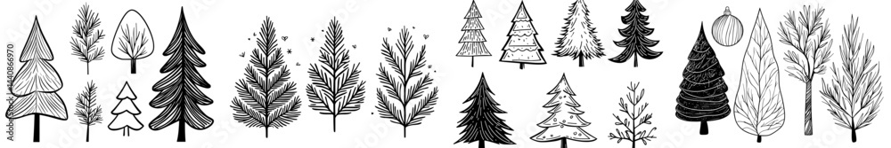 Obraz premium A set of eight Christmas trees in black silhouette form, uniquely adorned with stars and festive decorations