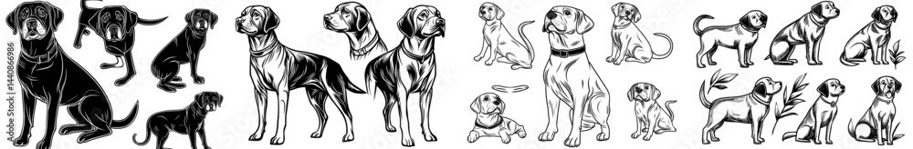 A compilation of dark outline drawings of dogs in diverse poses, perfect for graphic design and pet-related undertakings