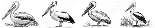 A pelican is seen standing with poise, its slender form and elongated beak on full display, accentuating its unique bodily structure