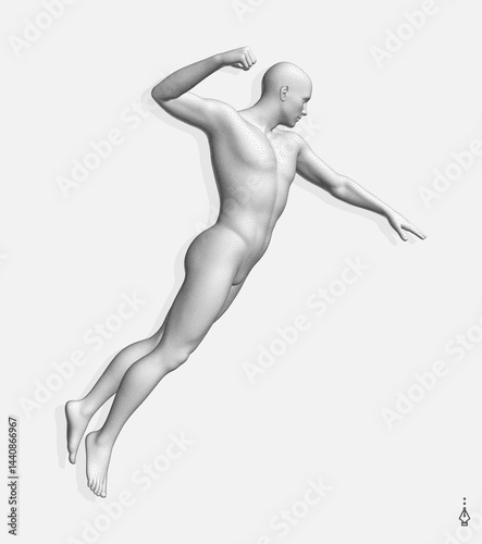 Leadership, freedom or development concept. Jumping man. 3D human body model. Design for sport. Vector illustration composed of particles.