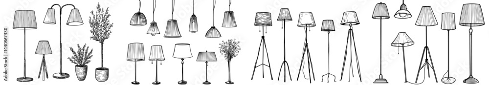 A compilation of diverse lamp shapes encompasses table and floor lamps, highlighting contemporary design aspects for indoor decoration