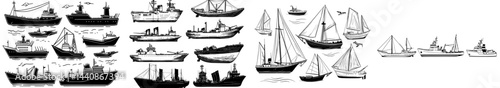 A compilation of dark outlines showcasing different kinds of ocean vessels, including battleships and freighters