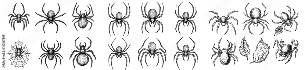A set of black spider outlines in different poses, ideal for Halloween or nature-inspired designs