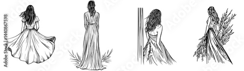 A woman's elegant dress forms a stylish silhouette, embodying grace and beauty in a contemporary artistic style