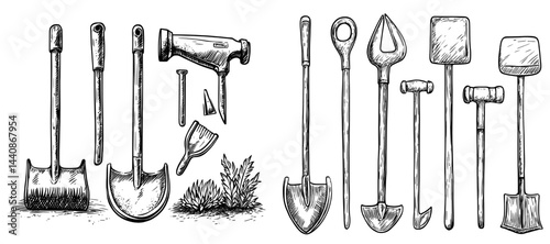A selection of diverse hand tools depicted in silhouette, suitable for construction, gardening, and repair tasks