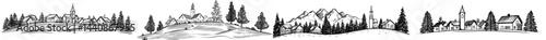 A village's intricate outline, complete with churches and trees, is set against a white backdrop, ideal for various graphic design applications