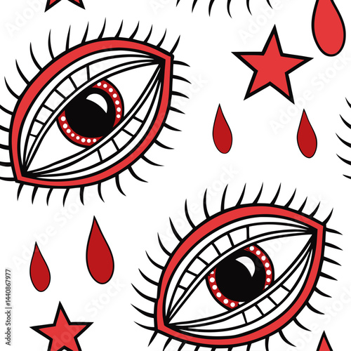 Bold and quirky pattern design featuring red eyes with tears and stars on a white background