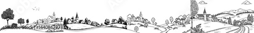 A simplified outline of a village scene including a church, homes, trees, and birds, suitable for creative designs