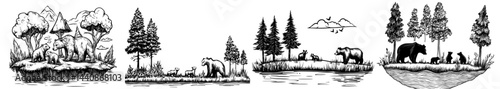 A dramatic outline of wildlife showcasing bears, wolves, and trees, ideal for designs centered on nature and environmentally friendly initiatives