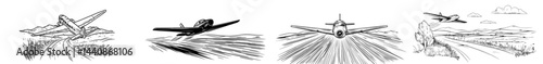 An airplane taking off is silhouetted, leaving behind a trail set against a white backdrop, representing travel and adventure