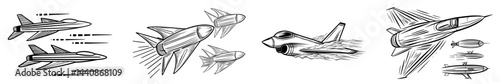 A set of four jet silhouettes in mid-air, capturing the essence of velocity and movement, perfect for aviation-themed designs
