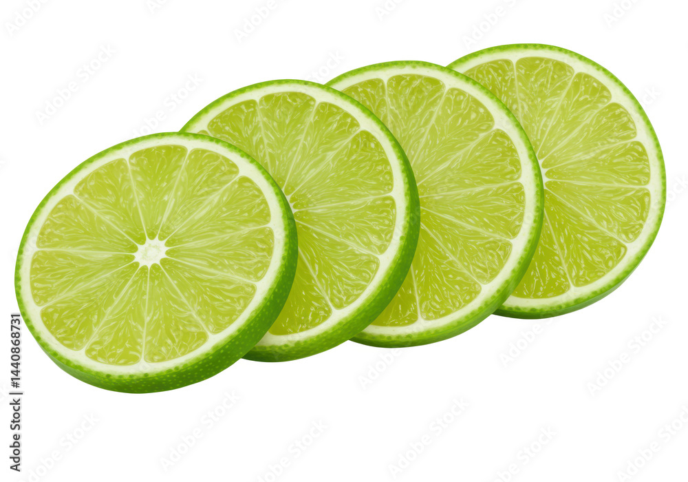 Lime slices arranged in a row isolated on white background Lime slices arranged in a row isolated on white background