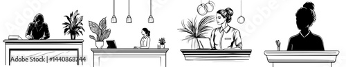A receptionist is depicted standing behind a desk with a computer, embodying hospitality and customer service