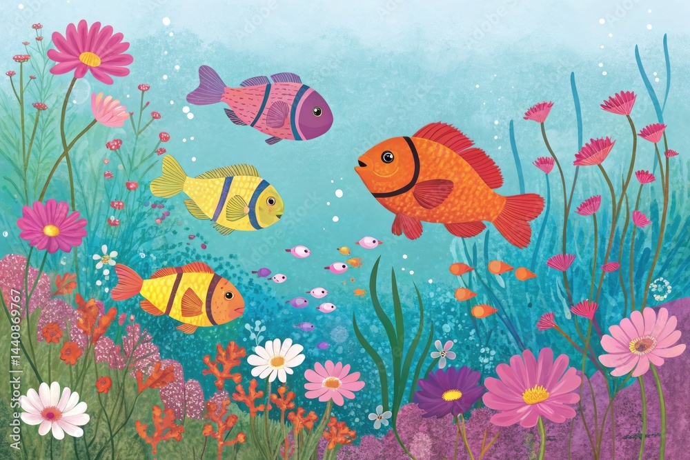 Naklejka premium Colorful Fish Swim Joyfully Among Vibrant Flowers Underwater Generative AI