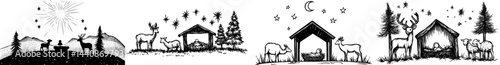 A peaceful outline of a Christmas nativity scene with deer and a tree set beneath a celestial night sky