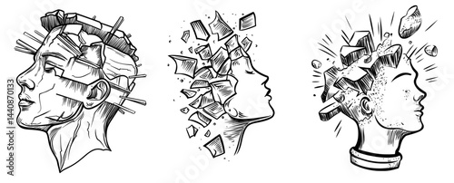 A human head's silhouette is fragmented into pieces, representing imagination and various psychological ideas