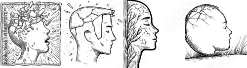 A human head's fragmented silhouette represents shattered mental processes or thoughts, suitable for psychological ideas
