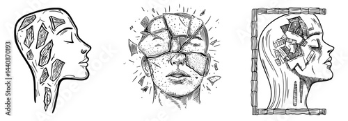 The abstract form of a cracked head serves as a symbol for mental health and psychological struggles, suitable for various artistic and conceptual endeavors