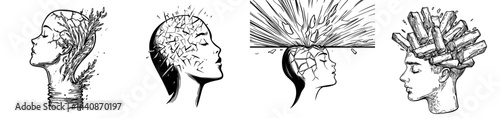 A silhouette of a head in abstract form, with fragments bursting out from the top, represents imagination and creativity