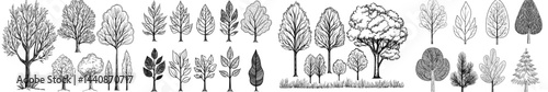 A compilation of black trees in silhouette form, highlighting diverse types and shapes, ideal for designs and illustrations centered around nature