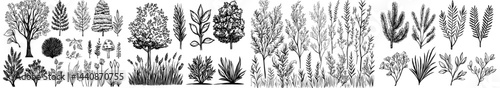 A compilation of diverse tree and plant silhouettes ideal for designs, illustrations, and backgrounds with a nature theme