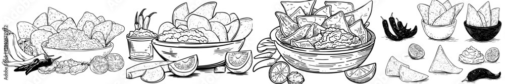 Fototapeta premium Mexican traditional food consisting of cartoon nachos with cheese sauce and salsa, presented as a fast food appetizer with corn chips in a flat style, set against a modern isolated background