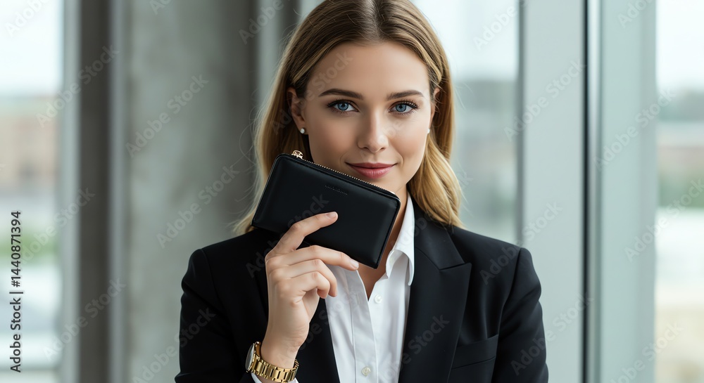 Fototapeta premium Woman Holding a Small Black Wallet in Modern Office Setting
