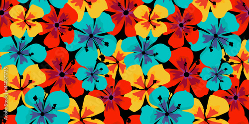 bright hawaiian seamless floral pattern with tropical hibiscus flowers, summer exotic background, vibrant colorful design for textile, fabric, wrapping, beachwear