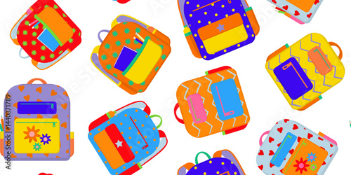 school backpacks white background seamless pattern of colorful cartoon, modern bright rucksacks, back to school students education concept, web design paper cards