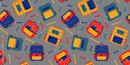 colorful pencils school backpacks seamless pattern on gray background, modern students design, drawing rucksacks, 1 September back to school education repeating concept