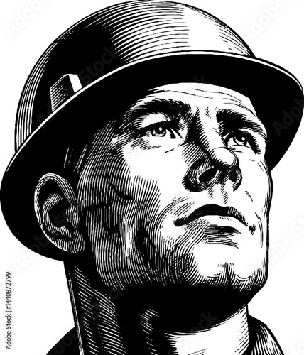 Engraved portrait of a builder wearing a helmet perfect for construction themes