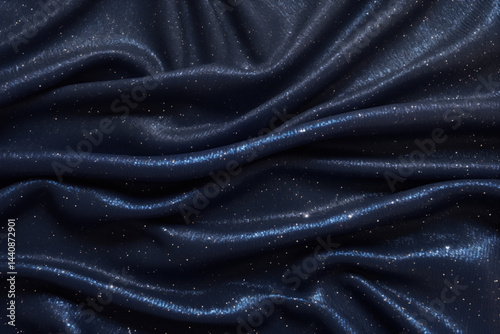 High-quality black silk fabric texture with wave-like folds, adorned with silver sparkles and shimmers. Elegant background for wallpaper or design.