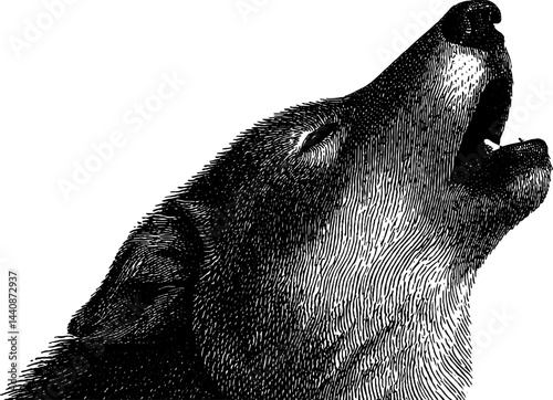 Engraved illustration of a howling wolf in black and white for wildlife art design