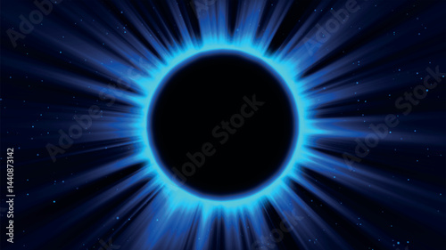 Abstract fantasy background. Amazing scientific natural phenomenon. Total solar eclipse with bright ring effect glowing with rays. Solar corona is visible. Vector illustration.