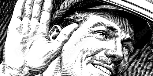 Vintage taxi driver waving enthusiastically in detailed engraved style for retro design
